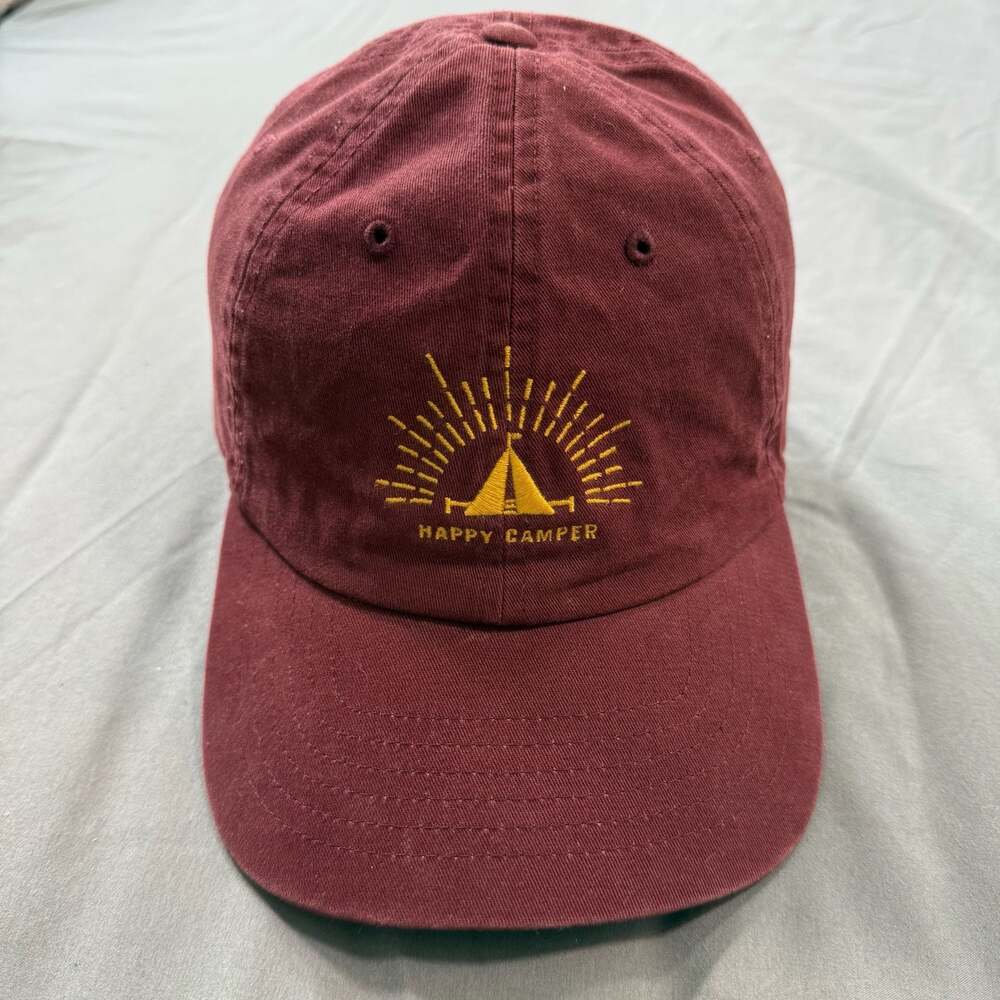 Wembley Happy Camper Embroidered Burgundy Adjustable Cotton Baseball Cap